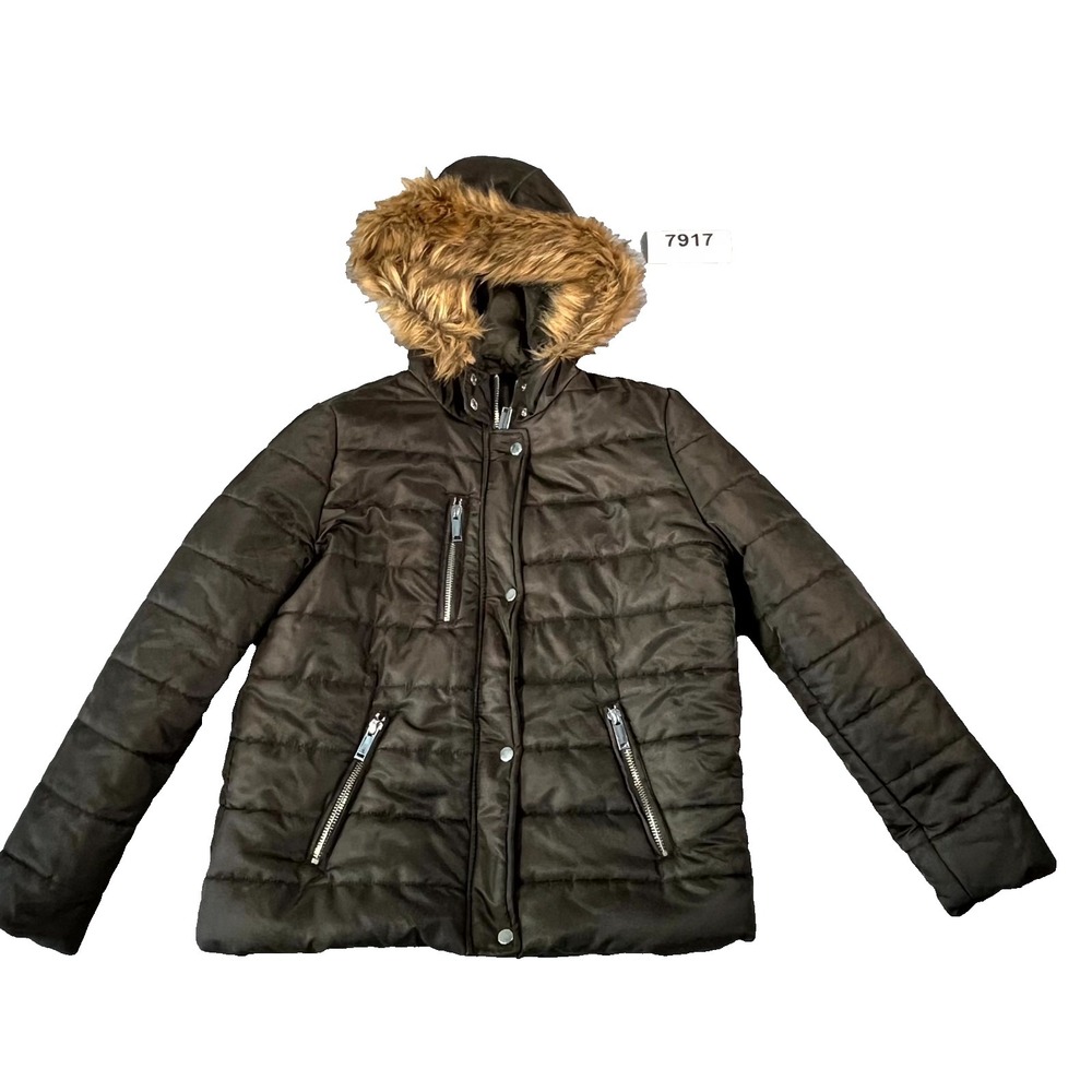 Forever 21 Puffer Jacket Womens Large Brown Faux Fur Trim Hooded Winter Full Zip